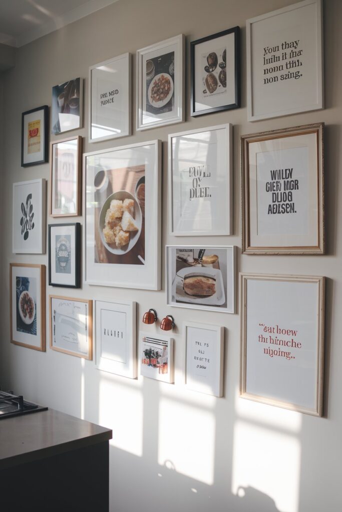 Visualize a beautifully curated gallery wall in your kitchen, filled with framed prints, vintage food photography, and inspiring quotes. 