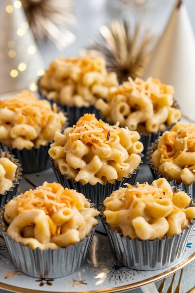 A close-up of individual mac & cheese cups baked in a muffin tin, each filled with creamy, cheesy pasta