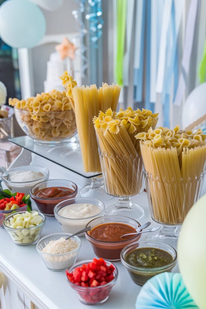 A modern, colorful setup of a pasta bar on a decorated table, featuring multiple types of pasta in clear glass bowls.