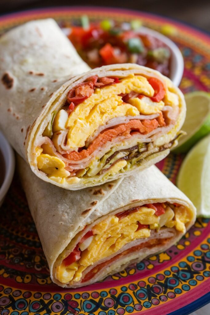 A freshly made breakfast burrito filled with scrambled eggs, cheese, and vegetables, rolled up in a soft tortilla