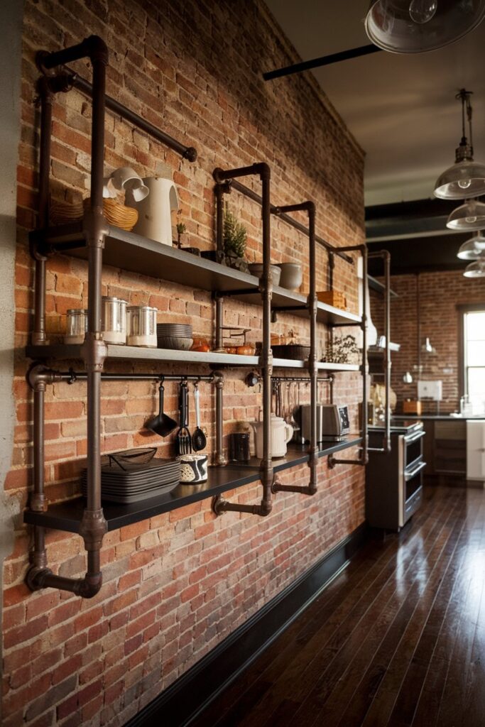  bold, modern kitchen where industrial pipe fixtures frame a set of floating shelves. 