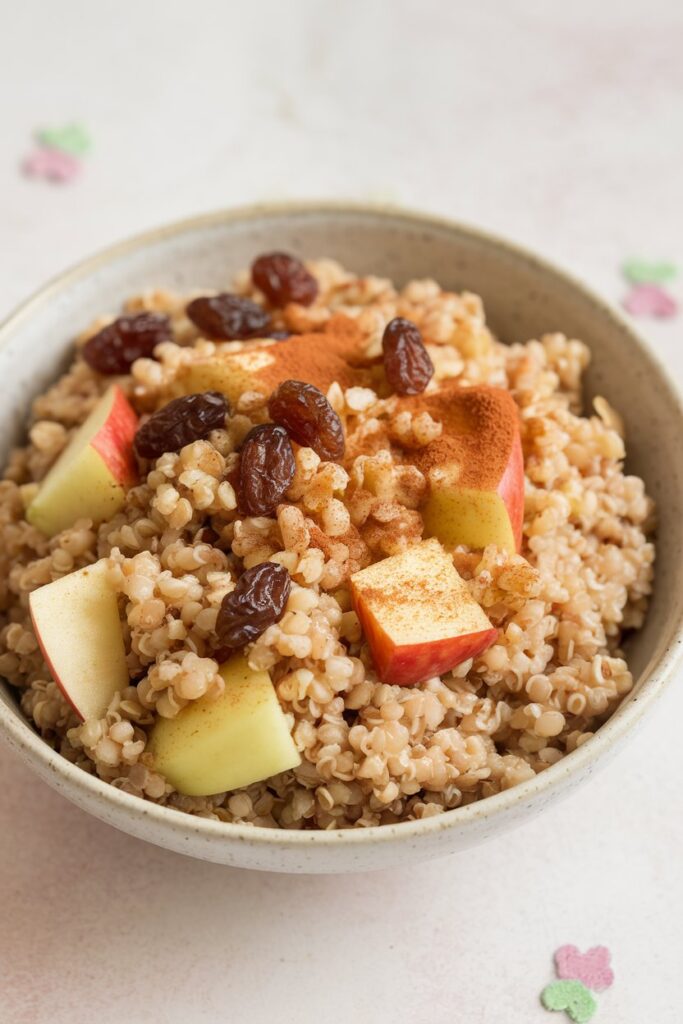 "A bowl of apple cinnamon quinoa, featuring soft, cooked quinoa mixed with diced apples and a sprinkle of cinnamon.