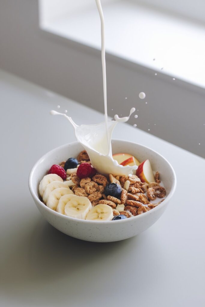 A bowl of whole-grain cereal mixed with sliced bananas, berries, and apple chunks, topped with a splash of fresh milk.