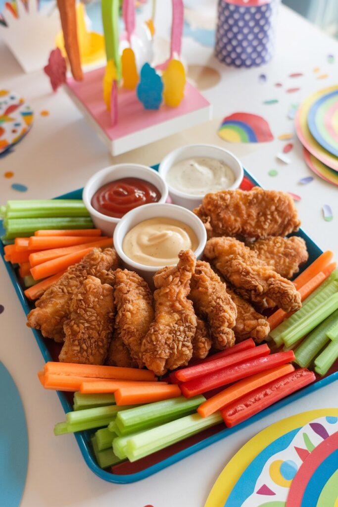 A bright, inviting platter of crispy chicken tenders arranged alongside a colorful assortment of carrot, celery, and bell pepper sticks.