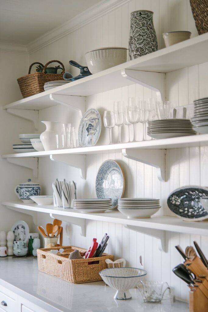 Imagine a bright kitchen with open shelving that shows off your favorite dishes and decorative glassware. 
