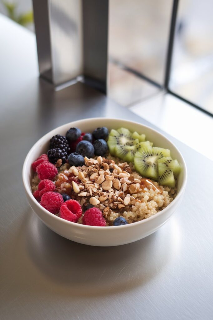 A colorful quinoa breakfast bowl filled with cooked quinoa in almond milk, fresh berries, diced kiwi, and a drizzle of maple syrup, garnished with a sprinkle of nuts