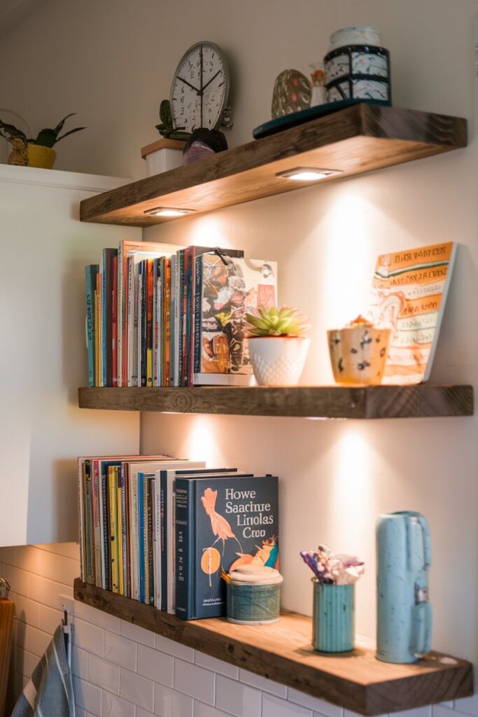Imagine a cozy kitchen wall with sleek, floating shelves made of reclaimed wood