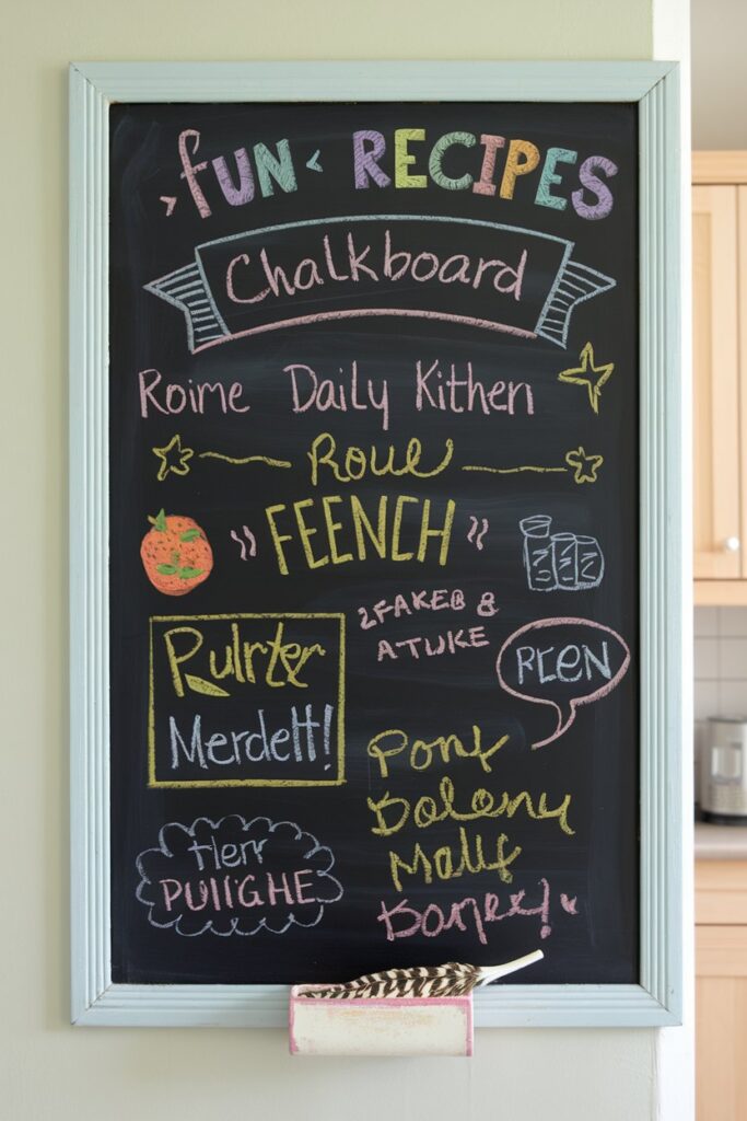 Picture a kitchen wall painted with chalkboard paint where fun recipes and daily doodles are scribbled in vibrant chalk