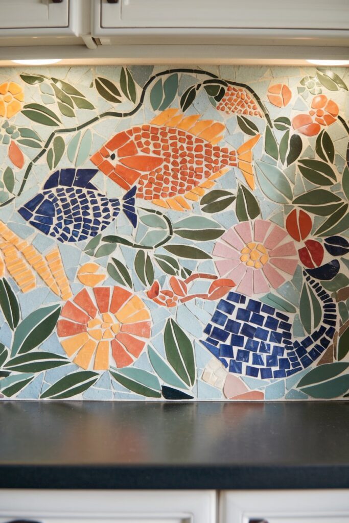 Envision a stunning mosaic backsplash with colorful ceramic tiles arranged in a playful pattern.