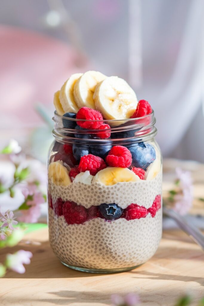 A mason jar filled with layered chia pudding, topped with fresh berries and sliced bananas.