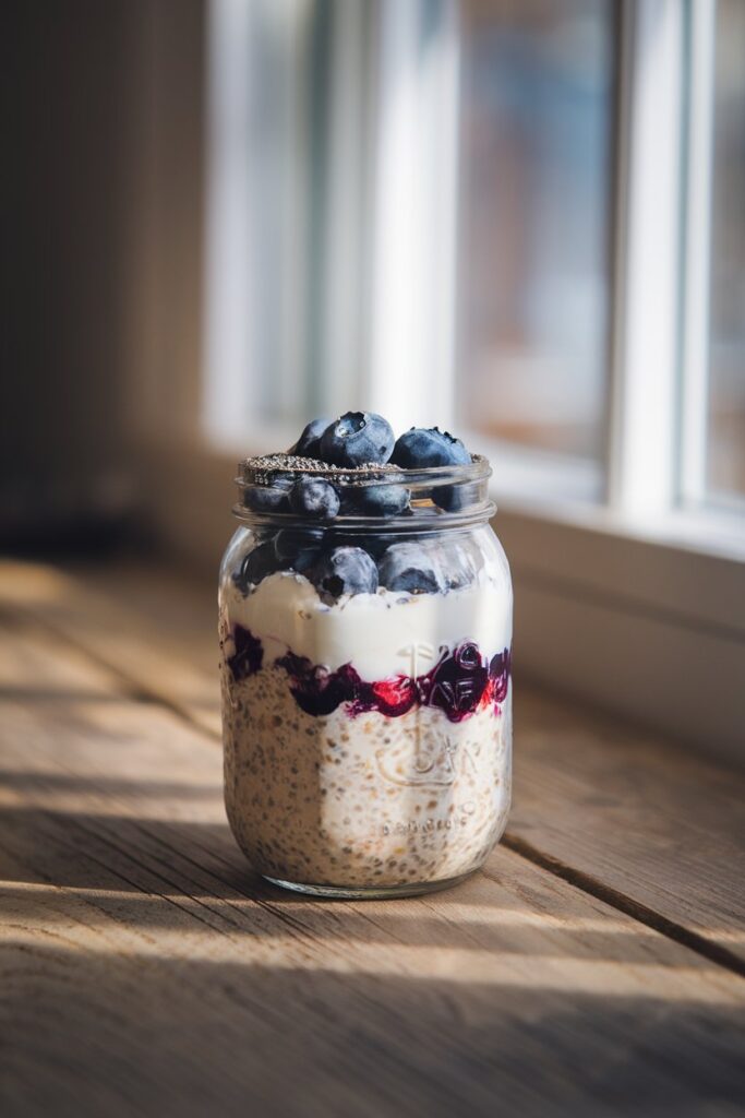 A mason jar filled with layered overnight oats, Greek yogurt, and blueberries, garnished with a sprinkle of chia seeds on top.