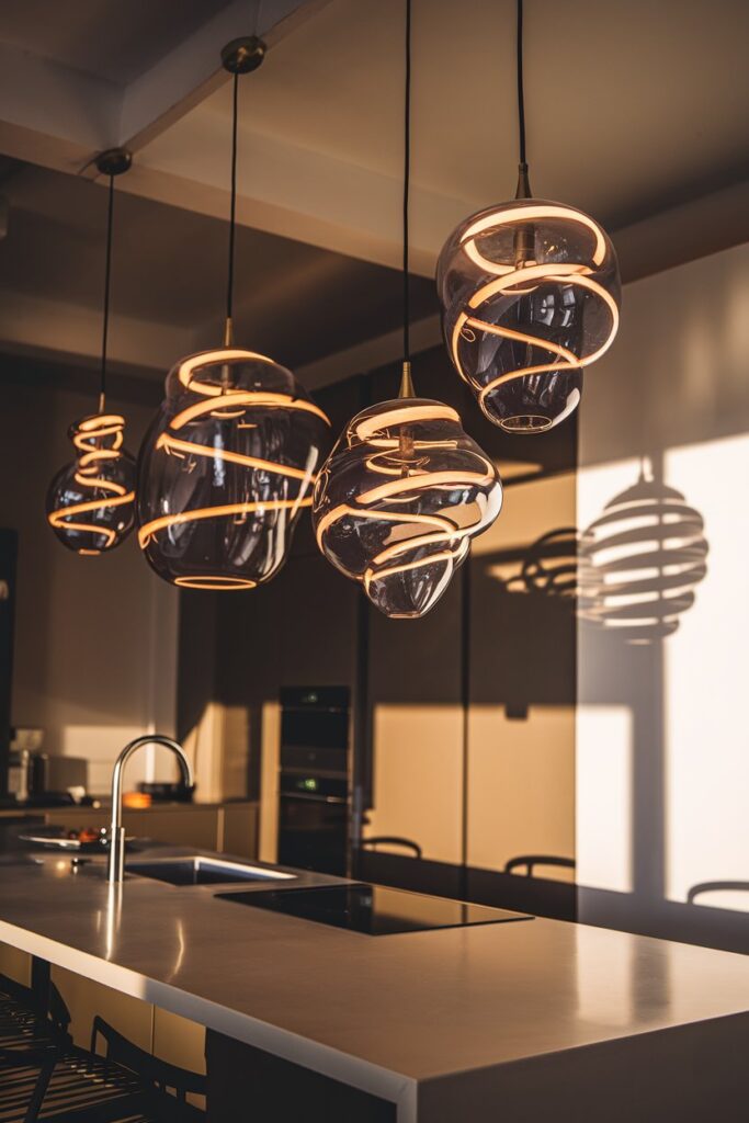 Imagine a striking set of pendant lights hanging over your kitchen island, casting a warm glow on the entire room.