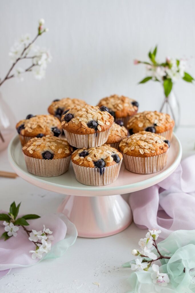 A neat arrangement of freshly baked blueberry oat muffins on a pastel-colored platter.