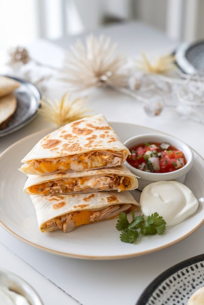 A neatly sliced quesadilla on a white plate, with gooey melted cheese and hints of grilled chicken visible inside.