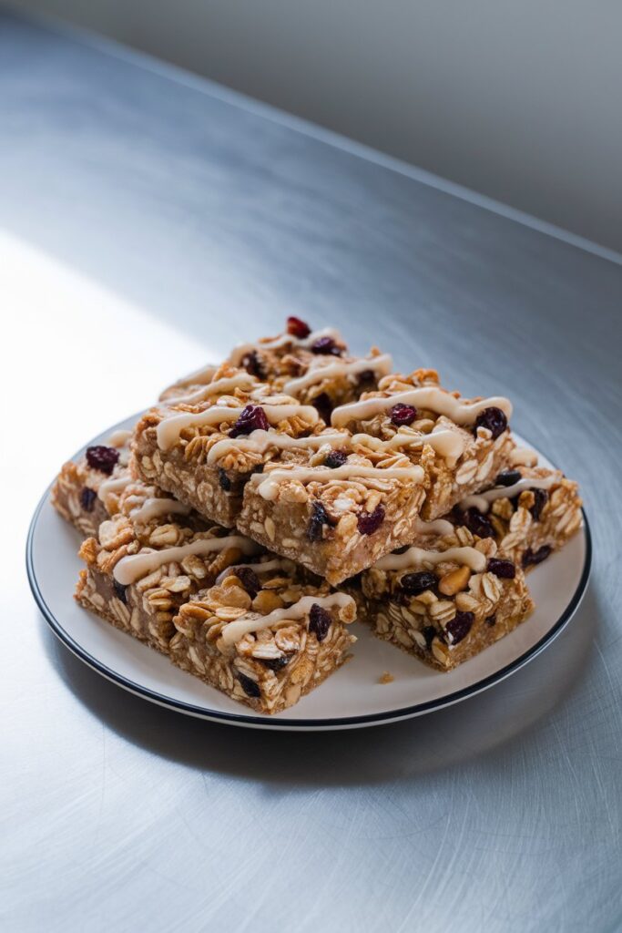 A plate displaying neatly cut homemade granola bars loaded with oats, nuts, and dried fruits, with a light drizzle of honey visible on top.