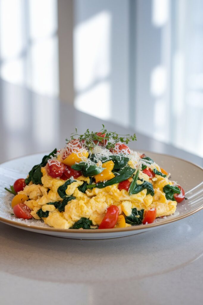 A plate of fluffy scrambled eggs mixed with colorful vegetables such as spinach, bell peppers, and cherry tomatoes. 