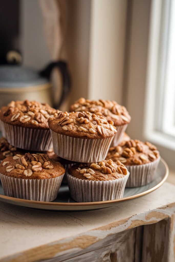 A plate of freshly baked banana nut muffins with golden tops, arranged neatly on a clean plate.
