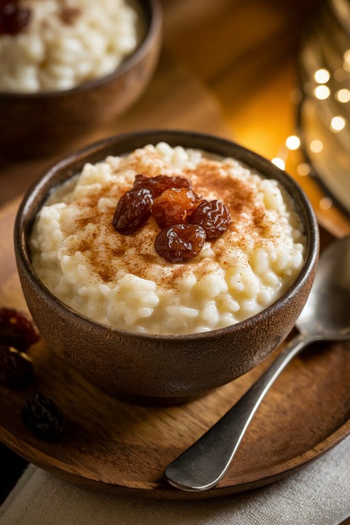 A bowl of creamy rice pudding made with coconut milk, topped with raisins and a sprinkle of cinnamon.