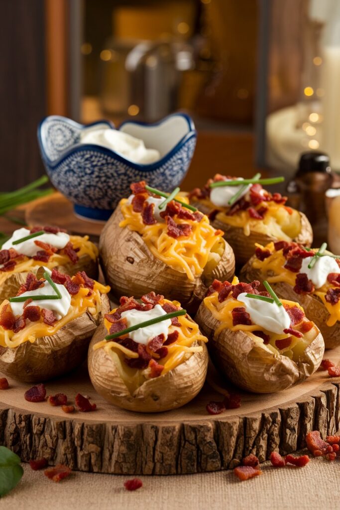 A rustic display of loaded baked potatoes arranged on a wooden platter.