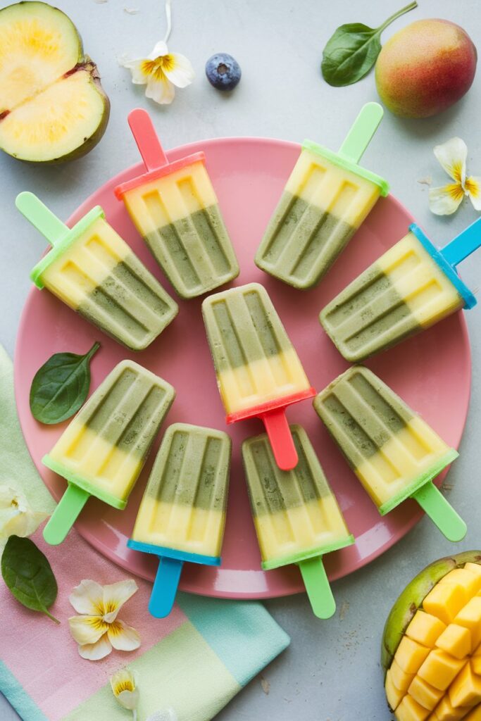 "A set of vibrant green smoothie popsicles made from spinach, mango, and pineapple in brightly colored molds. 