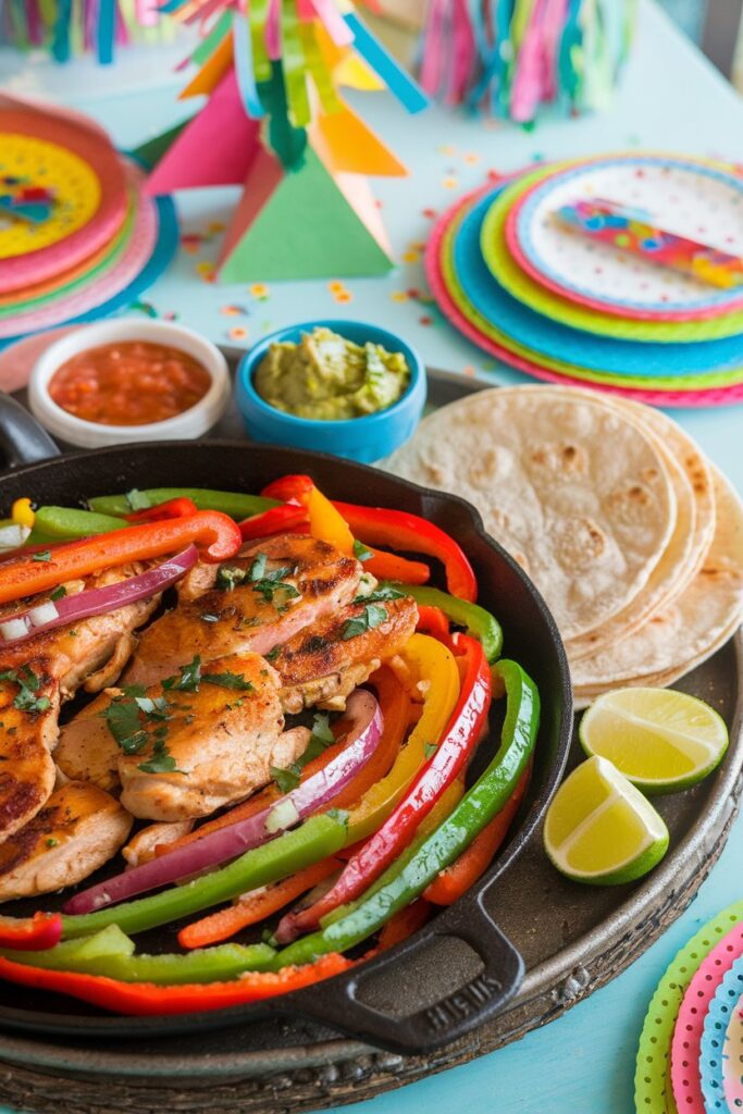 A sizzling skillet of chicken fajitas with vibrant bell peppers and onions, served on a rustic platter with soft tortillas on the side.