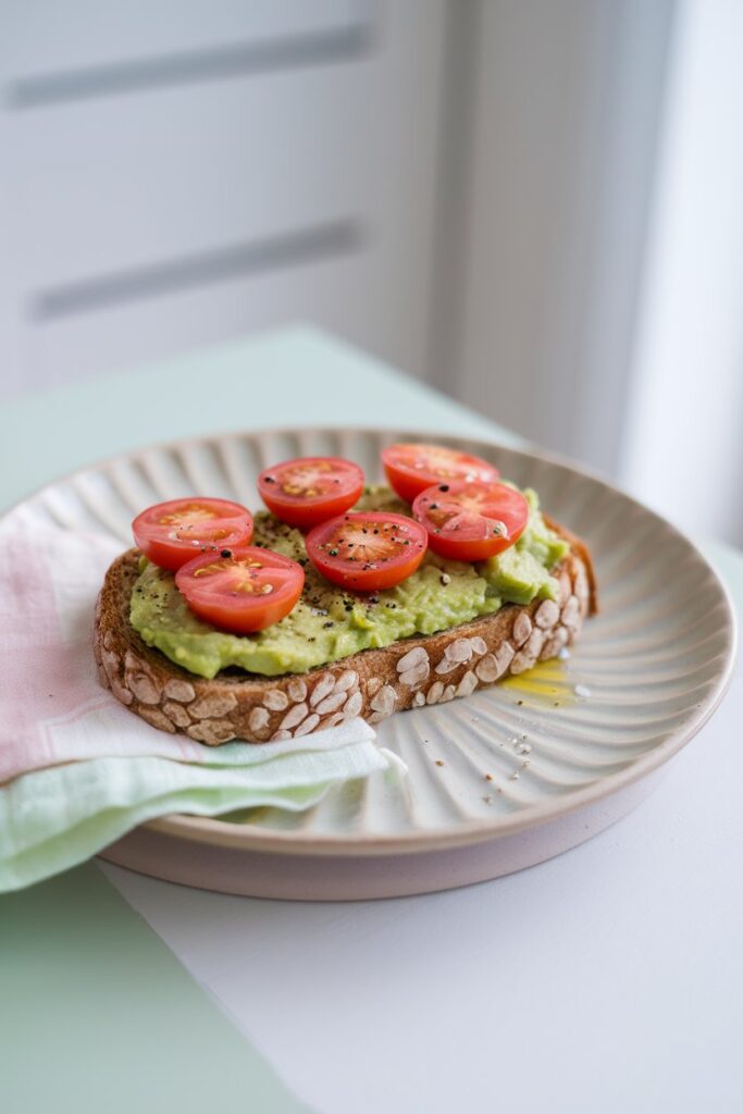 A slice of toasted whole-grain bread topped with mashed avocado and sliced cherry tomatoes, lightly seasoned with salt, pepper, and a drizzle of olive oil.