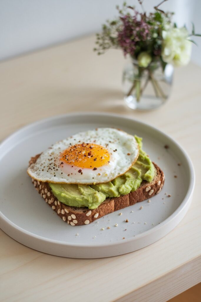 A slice of whole-grain toast topped with creamy mashed avocado, a fried egg, and a sprinkle of salt, pepper, and chili flakes.