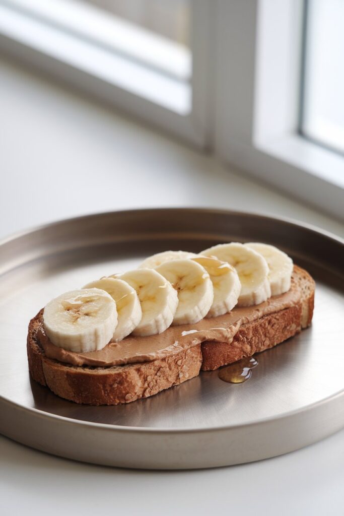 A slice of whole-grain toast spread with almond butter and topped with neatly arranged banana slices and a drizzle of honey.