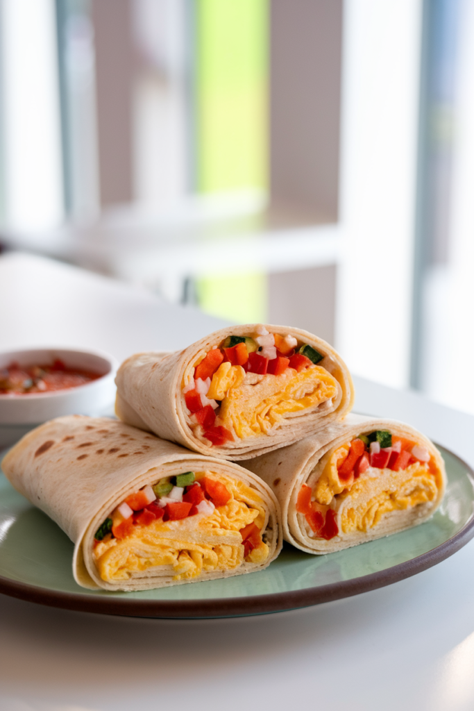 A soft tortilla wrap filled with scrambled eggs, cheese, and diced vegetables, neatly rolled up and sliced into smaller portions.
