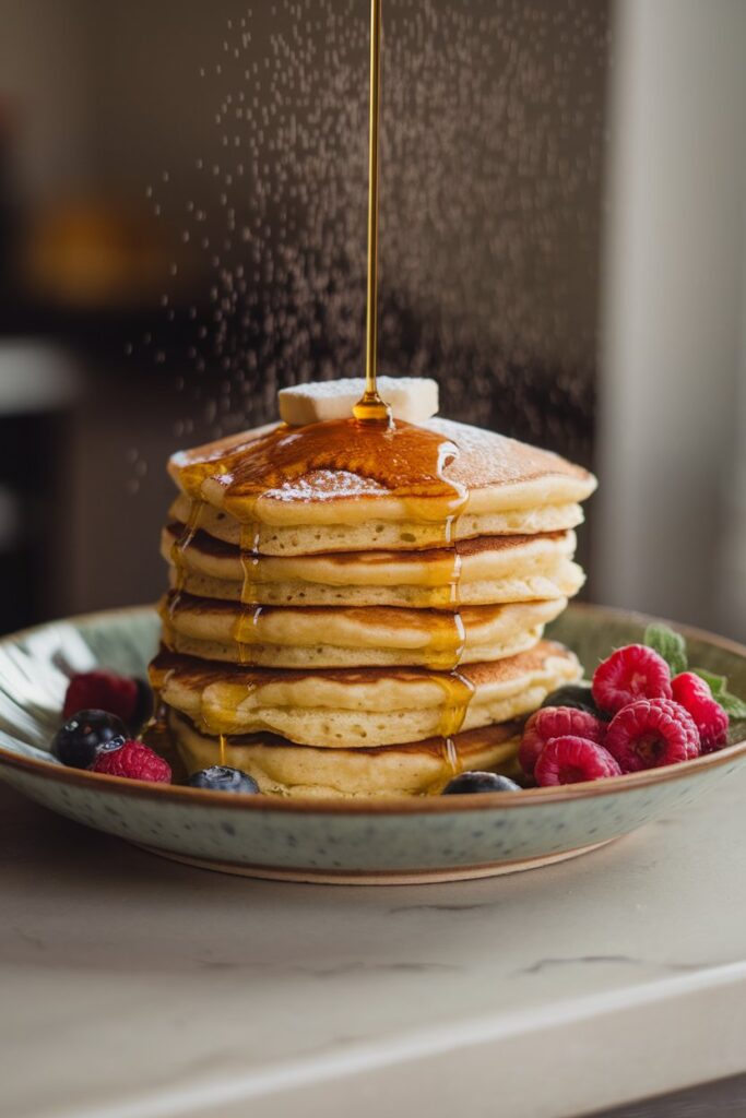 A stack of fluffy, golden pancakes drizzled with warm maple syrup and lightly dusted with powdered sugar.