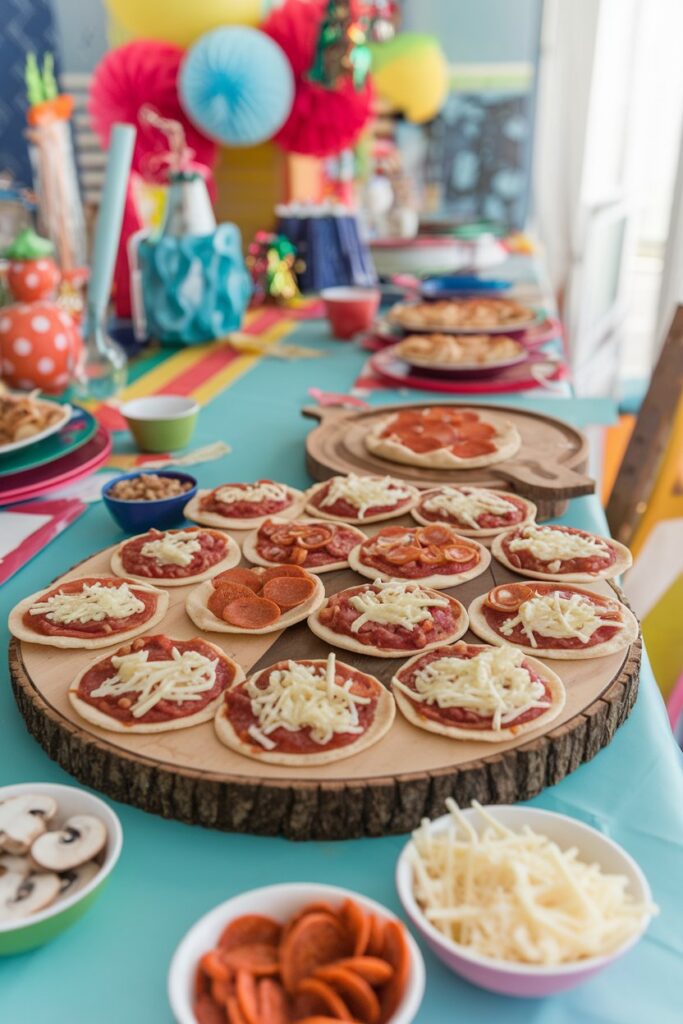 A table set with mini pizza bases arranged on a wooden board, surrounded by small bowls of pizza toppings like pepperoni, mushrooms, and cheese