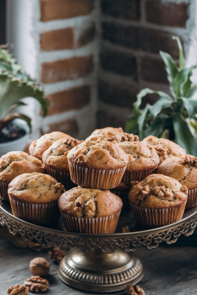 A tray of freshly baked banana nut muffins with golden tops and visible walnut pieces, arranged neatly on a decorative platter.