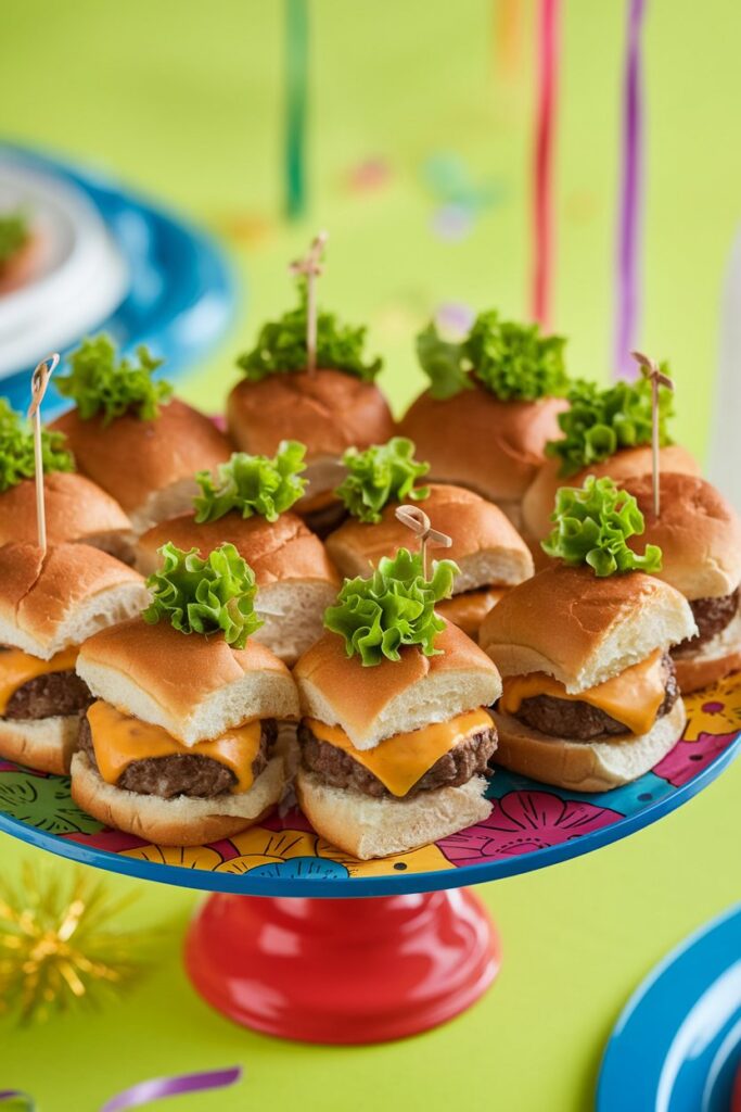 A vibrant close-up of a platter of mini sliders arranged on a colorful serving tray