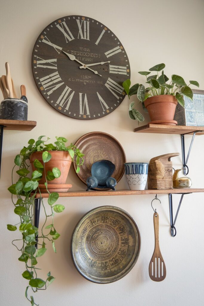 Picture a statement wall clock with a vintage design, hung above a set of floating shelves that hold a mix of kitchen decor
