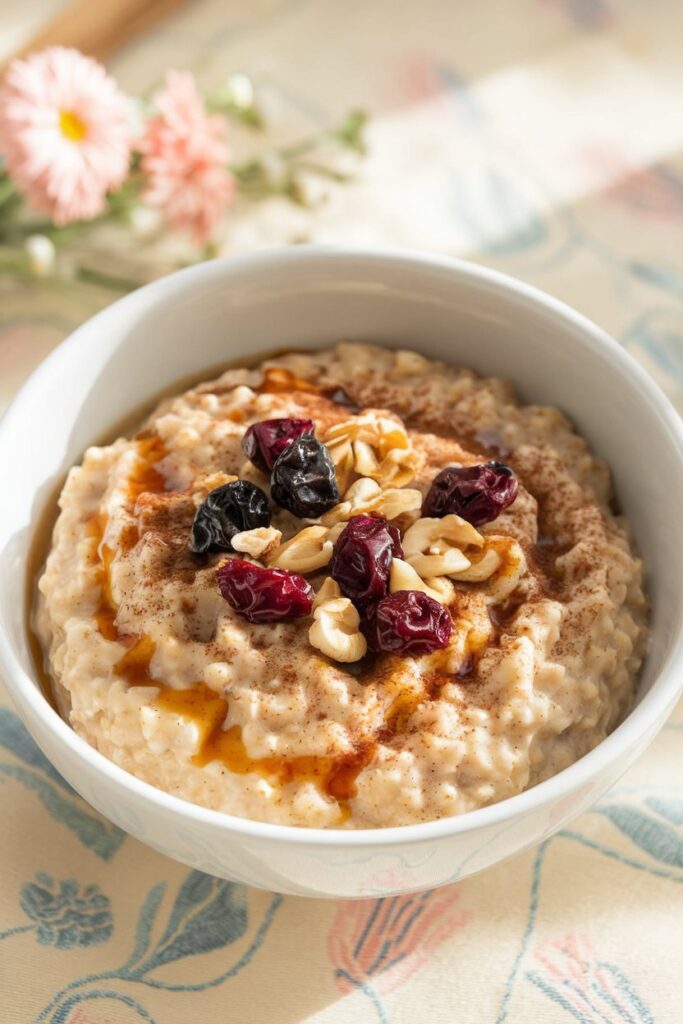 A warm bowl of oatmeal drizzled with maple syrup, finished with a dusting of cinnamon.