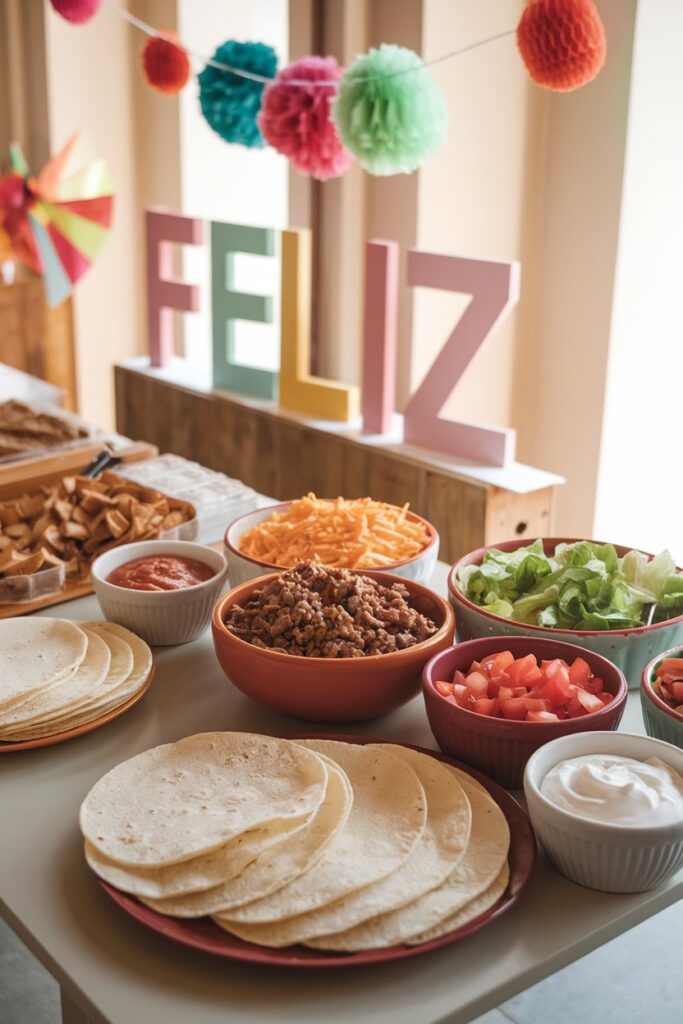 A well-organized taco station displayed on a large table, featuring soft tortillas, bowls of seasoned ground beef, shredded cheese, lettuce, and diced tomatoes.