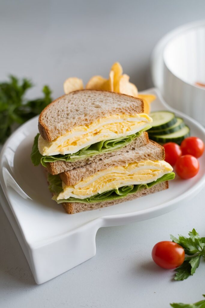 A simple egg salad sandwich with creamy mashed eggs, mayonnaise, and lettuce, served on whole-grain bread