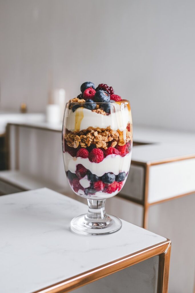 A clear glass filled with layered creamy yogurt, crunchy granola, and mixed berries, drizzled with a little honey on top.