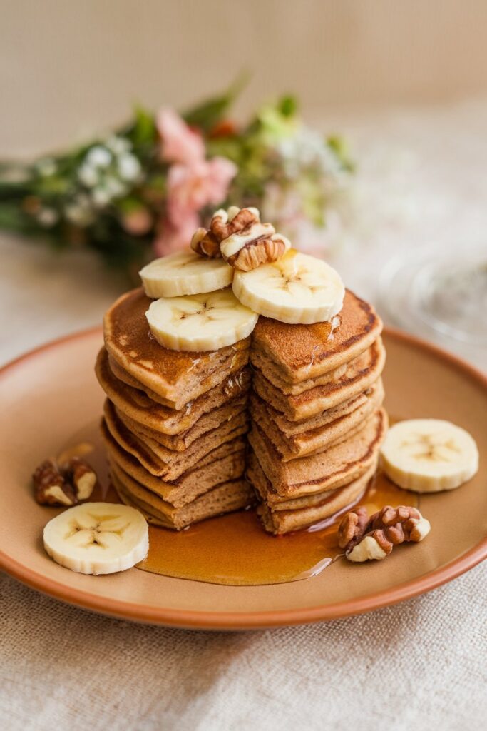 A short stack of banana nut pancakes served on a warm-toned plate, drizzled with a bit of honey or maple syrup and topped with thin banana slices and chopped walnuts.