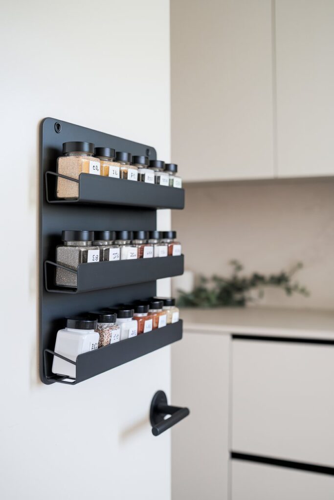 Think of a sleek magnetic spice rack mounted on the inside of a kitchen door.