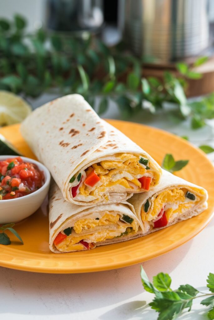 A flour tortilla filled with scrambled eggs, cheese, and diced veggies, neatly rolled and sliced into bite-sized portions.