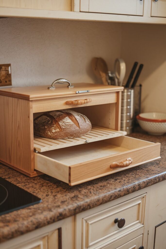 This design provides easy access to your bread while offering additional storage space below. You can store smaller kitchen tools, napkins, or even other baked goods in the drawer, maximizing your counter space. This dual-purpose solution works wonderfully in my kitchen, helping me stay organized.