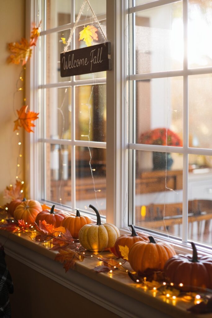 A festive kitchen window decorated for autumn.