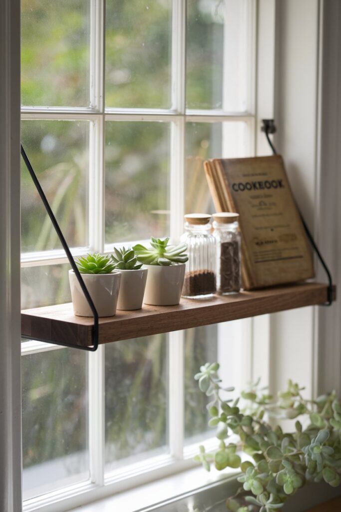 A floating wooden window shelf mounted across a sunlit kitchen window.
