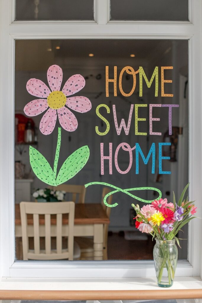 A kitchen window featuring seasonal window art drawn with colorful, washable markers.