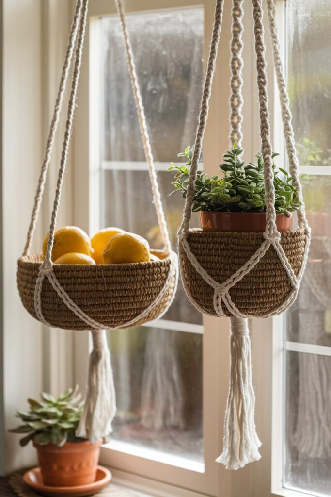 A kitchen window with two woven hanging baskets suspended by macrame cords.