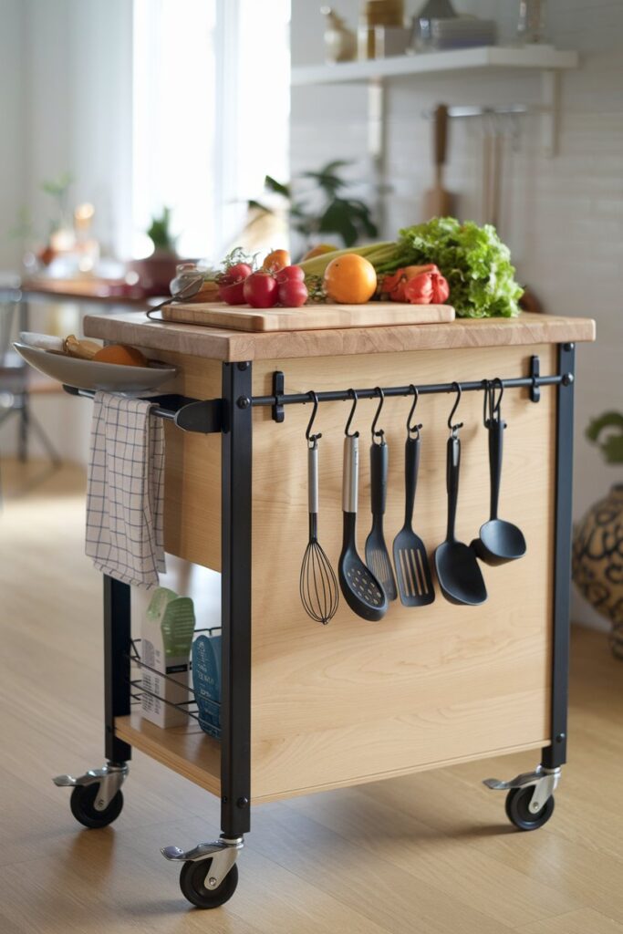 A small, mobile kitchen island with a light wood surface and black metal frame.
