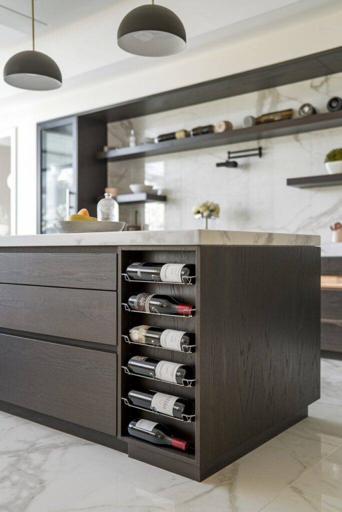 A sleek, contemporary kitchen island with a built-in wine rack on one side. 