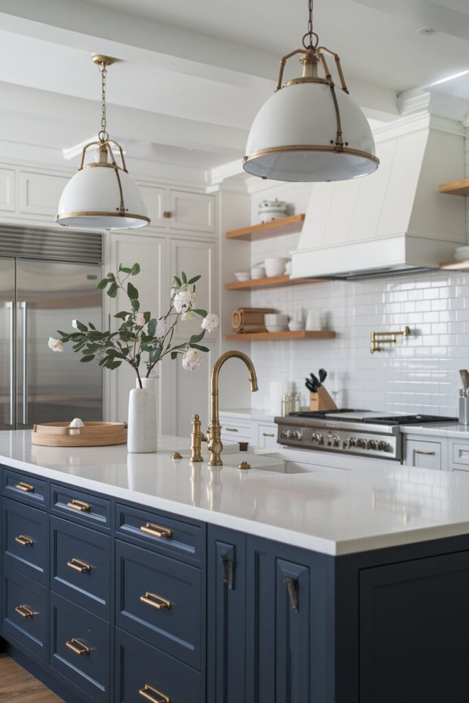 A stylish kitchen with a bold navy-blue island contrasted by crisp white countertops