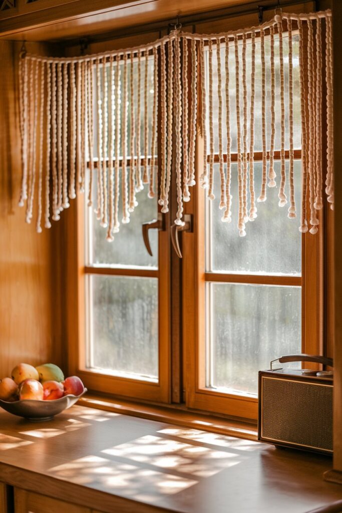 A playful kitchen window adorned with beaded curtains in warm wooden tones.